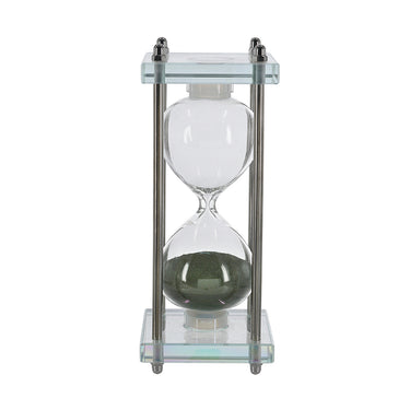 Detail of the metal post and glass plate frame on the green sand hourglass