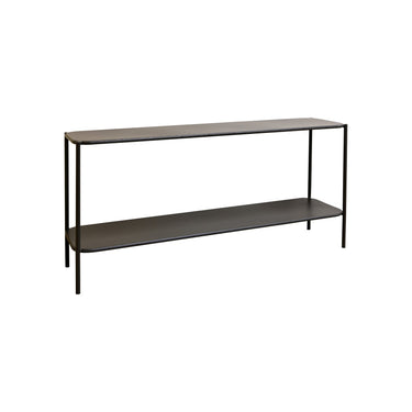 STUDIO Kiya low profile metal shelf in greyed-brown, 1350 x 350 x 650mm with two open shelves
