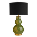 Kelly Table Lamp in green glass with brushed gold base and black linen shade