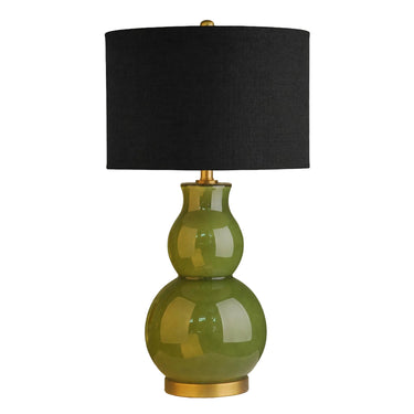 Kelly Table Lamp in green glass with brushed gold base and black linen shade