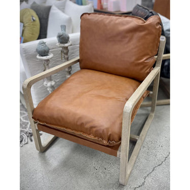 Brown Accord Armchair with sculptural curved oak frame, 750 x 990 x 810mm