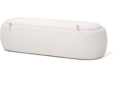 Anica Storage Bench upholstered in soft textured taupe fabric with a padded seat and hidden storage
