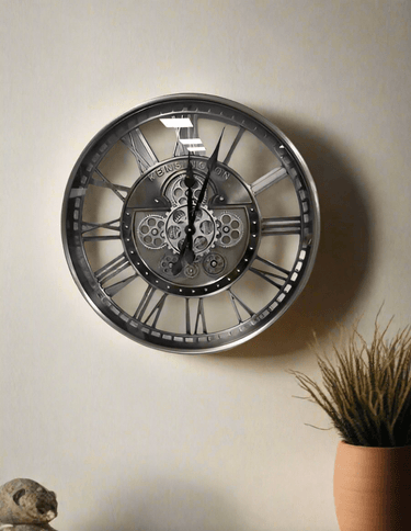 Antique Silver Wall Clock with Gears at Online8 Furniture Auckland NZ