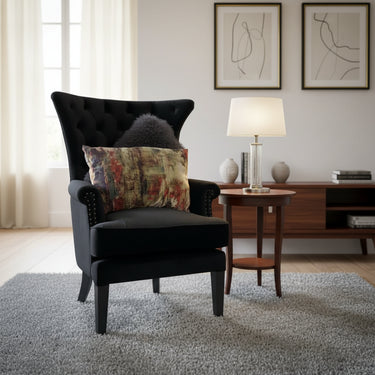 Black velvet Arthur Wingback Chair with deep button tufting