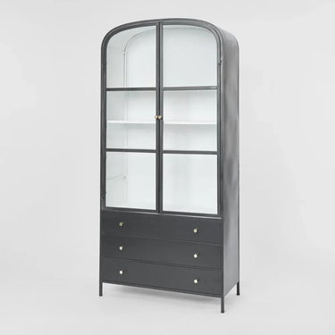 Atlas Glass Doors Arched Metal Cabinet - Black at Online8 Furniture Auckland NZ