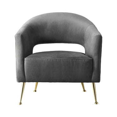Barletta Armchair with plush grey velvet upholstery and a gold-finish base