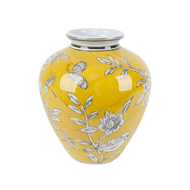 Bird and Blossom Ceramic Bellied Vase Yellow Small, 22cm high in yellow and grey on white