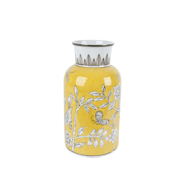 Bird and Blossom Ceramic Tall Vase Yellow Small, 27.5cm high in yellow and grey on white