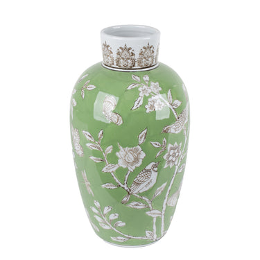 Bird and Blossom Ceramic Vase Green Large, 33.5cm high in green and grey on white
