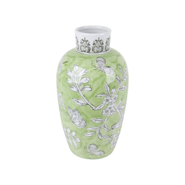 Bird and Blossom Ceramic Vase Green Small in green and grey on white