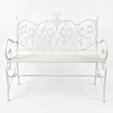 Bistro Metal Outdoor Bench in white powder-coated metal with ornate scrollwork back and scroll arms