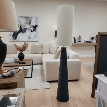 Black Ceramic Floor Lamp with Natural Linen Shade at Online8 Furniture Auckland NZ