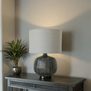 Black Glazed Ceramic Lamp W/ Gray Linen Shade at Online8 Furniture Auckland NZ