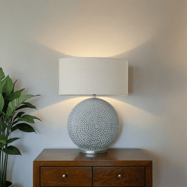 Blue Glazed Ceramic Lamp W/ Grey Linen Shade at Online8 Furniture Auckland NZ
