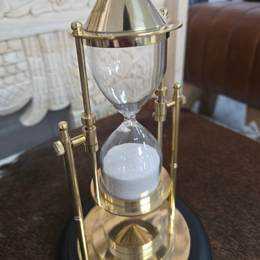Brass Sand Timer on Wooden Stand at Online8 Furniture Auckland NZ