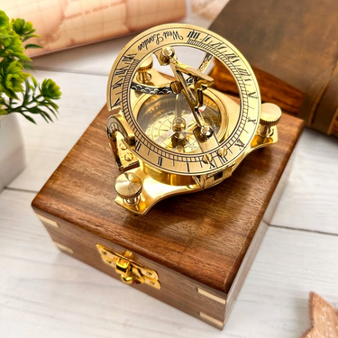 Brass Working Sundial Compass with Wooden Box at Online8 Furniture Auckland NZ