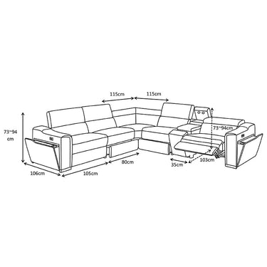 Bristol corner recliner dimensions: armchair, armless chair, console and wedge