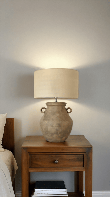 Brown Ceramic Lamp W/ Hessian Shade at Online8 Furniture Auckland NZ