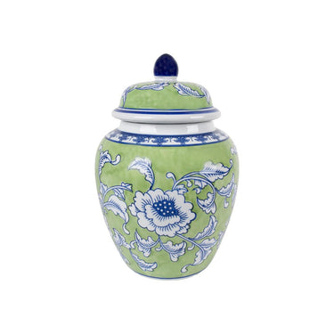 Camelia Ceramic Ginger Jar Small in green and blue on white, 28cm high