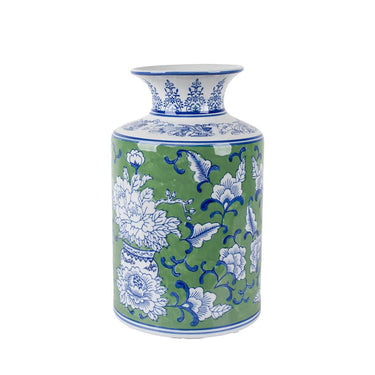 Camelia Ceramic Waisted Vase Large in green and blue on white, 31cm high