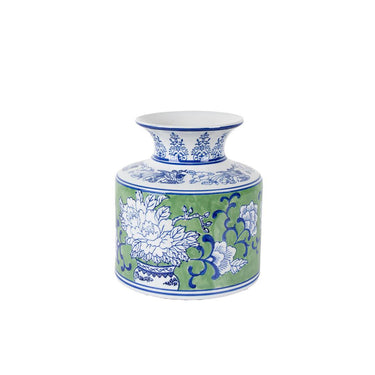 Camelia Ceramic Waisted Vase Small in green and blue on white, 21cm high