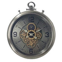 Fob Gear Wall Clock 62cm in gunmetal with grey dial and exposed brass gears at Online8 Furniture Auckland NZ
