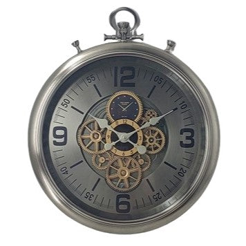 Fob Gear Wall Clock 62cm in gunmetal with grey dial and exposed brass gears at Online8 Furniture Auckland NZ