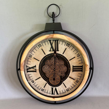 Wooden Fob Gear Wall Clock 77cm in black with timber-look ring and exposed copper gears at Online8 Furniture Auckland NZ
