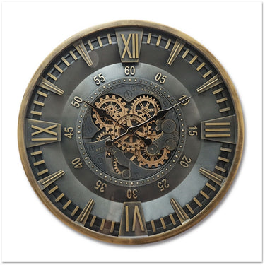 Vintage Gear Wall Clock 80cm with aged gold rim, Roman numerals and exposed gears at Online8 Furniture Auckland NZ