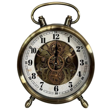 Vintage Gear Table Clock in antique brass with carry handle and exposed gears at Online8 Furniture Auckland NZ