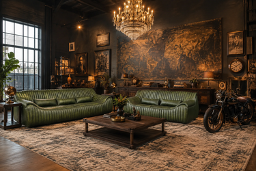 Cuban channel-stitched olive top-grain leather 3 and 2 seater sofa suite in a vintage-styled living room