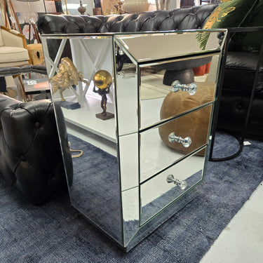 Curio 3 Drawer Mirrored Bedside Table at Online8 Furniture Auckland NZ