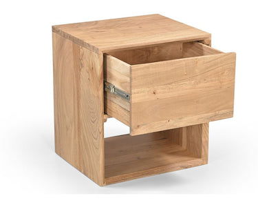 Angled view of the Da Vinci acacia bedside table showing its natural timber grain
