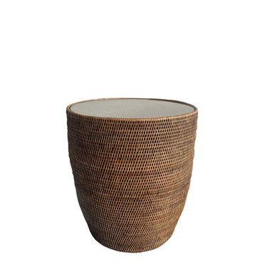 Drum Rattan Side Table with Glass Top at Online8 Furniture Auckland NZ