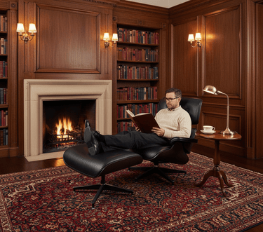 Eames Leather Chair & Footstool - Belon Black at Online8 Furniture Auckland NZ
