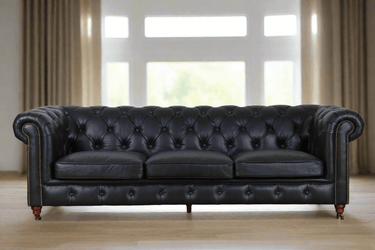 Elaiza Chesterfield Top Grain 3 Seater Sofa - Vintage Black at Online8 Furniture Auckland NZ