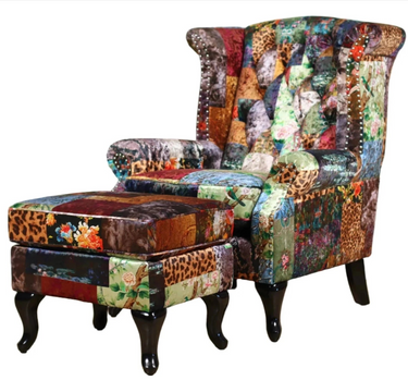 Franklin Patchwork Wingback Armchair with Ottoman - Leopard at Online8 Furniture Auckland NZ