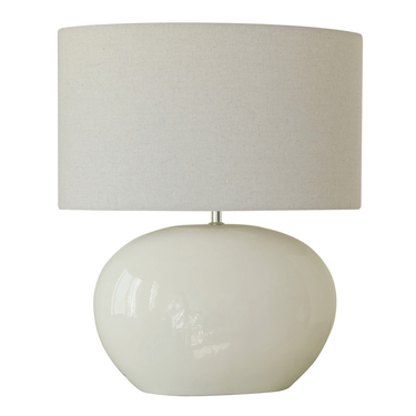 Glazed White Ceramic Lamp W/ Linen Shade at Online8 Furniture Auckland NZ