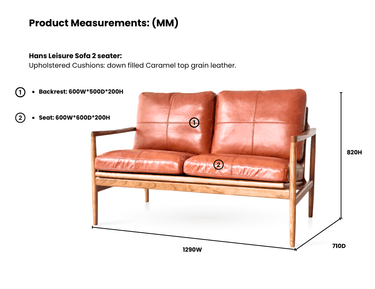 Bailey Mid Century 2 Seat Leather Sofa - Caramel Brown at Online8 Furniture Auckland NZ