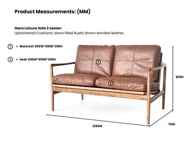 Hans Mid-Century 2 Seat Leather Sofa - Rustic Brown at Online8 Furniture Auckland NZ