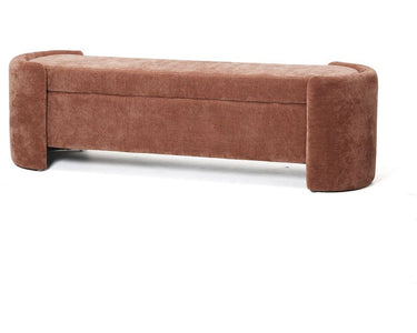 Jamilla Storage Bench in warm rosewood fabric with a padded upholstered seat and hidden storage