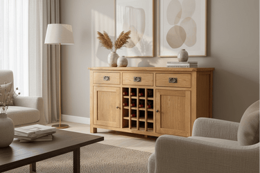 Kensington Oak Buffet Table with Wine Rack at Online8 Furniture Auckland NZ