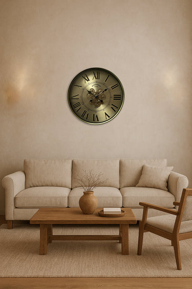 Kensington Round Gear Wall Clock - Antique Gold at Online8 Furniture Auckland NZ