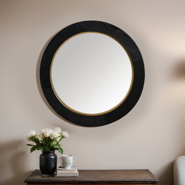 La Vista Black Oak & Gold Round Wall Mirror - 500mm at Online8 Furniture Auckland NZ