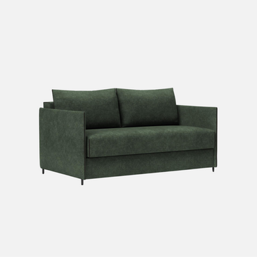 Luoma Sofa Bed in Avella pine green 100% polyester with slim arms and black signature piping