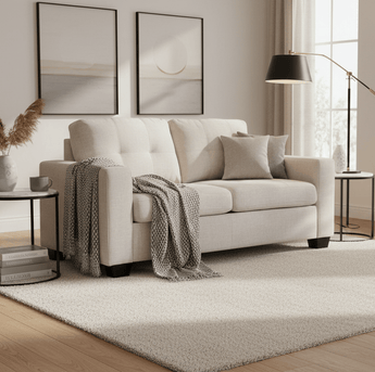 Melody 2 Seater Sofabed in beige with thick foam seat and back cushions and smart stitching