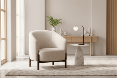 Memphis Tub Chair | Natural Fabric & Dark Oak at Online8 Furniture Auckland NZ