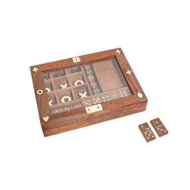 Multi Game Box Set in natural acacia wood with brass accents