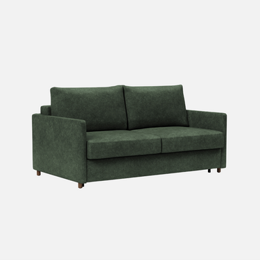 Neah Slim Sofa Bed in Avella pine green 100% polyester with slim arms on a solid metal frame