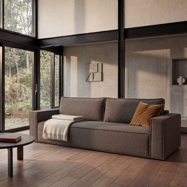 Phobos mocha Newilla Sofa Bed with no-zag and pocket springs under hyper-soft foam for seating and sleeping